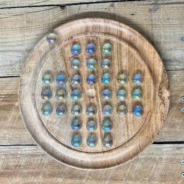 GIOCO DA TAVOLO SOLITARIO in legno di mango da 30 cm di diametro con bolle di sapone perlescenti biglie di vetro trasparenti / solitario classico / gioco da tavolo strategico
