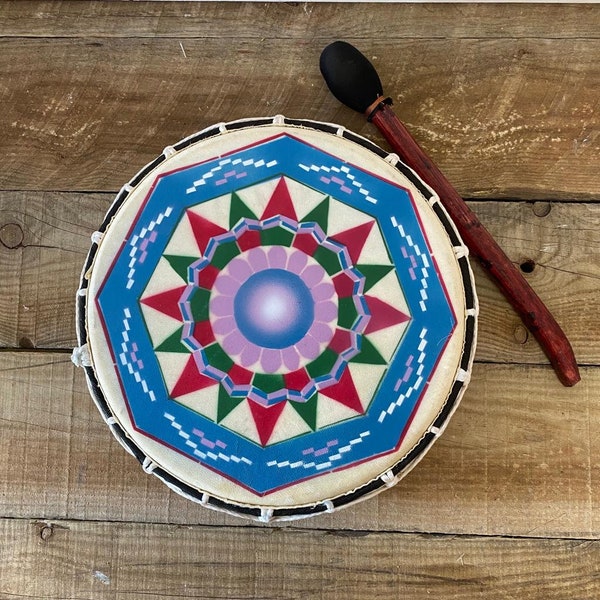 Decorated Shamanic Celebration Hand Drum with Beater- acoustic-Drumming Reduces Tension, Anxiety, and Stress.