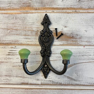 Cast Iron French Style Double Ornate  HOOKS -Lime Green  Ceramic Ball Tops - Cloakroom Hook, Decorative Double Hook, hat and coat hook.