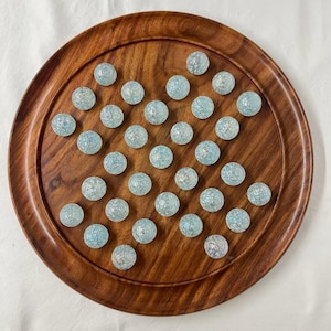 Large Polished Wooden Solitaire Set with Snowflake Marbles  - 30cm diameter Board
