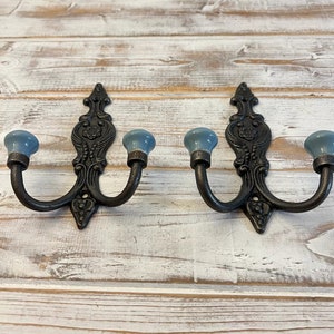 TWO Cast Iron French Style Double Ornate HOOKS Duck Egg Blue Ceramic Ball Tops Cloakroom Hook, Decorative Double Hook, hat & coat hook. image 7