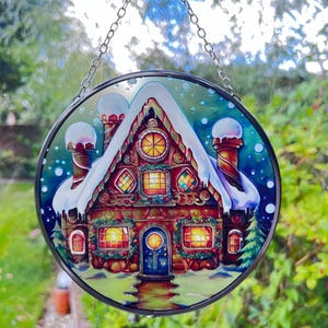 Gingerbread House 6-Inch Stained Glass Suncatcher - Christmas Fairytale Gingerbread House Design for Windows,  Christmas Holiday decoration