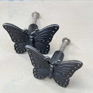 TWO Cast Iron BUTTERFLY Drawer Knobs /  Kitchen cupboard | Cast Iron Antique style finish | Drawer cabinet pull knobs.