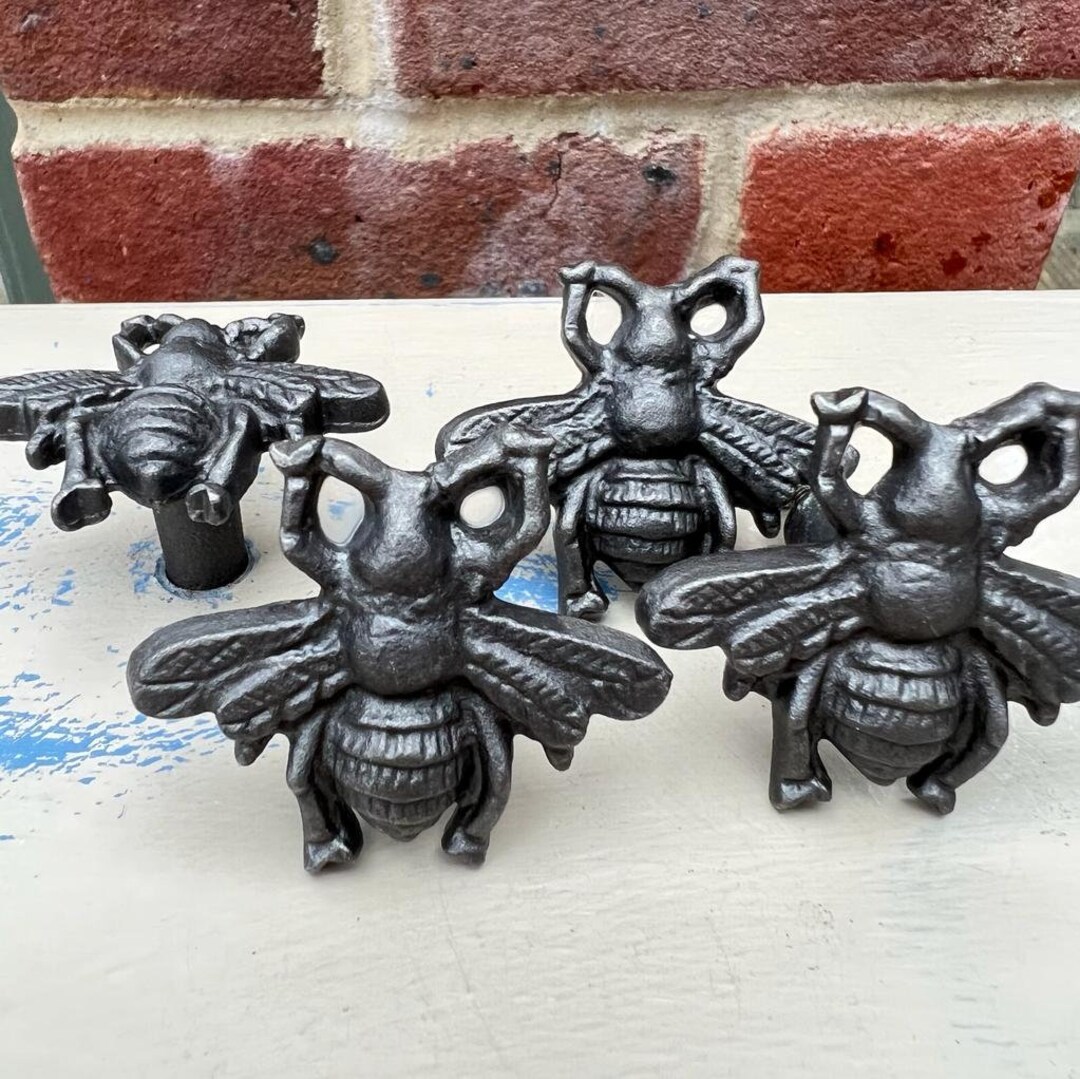 FOUR Cast Iron FLYING INSECT Drawer Knobs / Kitchen Cupboard Cast Iron Antique Style Finish Draw
