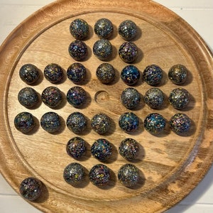 Wooden SOLITAIRE Board GAME with Glitterbomb Glass Marbles | classic wooden strategy board game | family board game | games for one