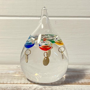Tear Drop shaped GALILEO THERMOMETER with five floating globes - weather prediction- weather - temperature
