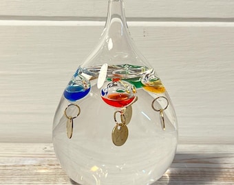 Tear Drop shaped GALILEO THERMOMETER with five floating globes - weather prediction- weather - temperature