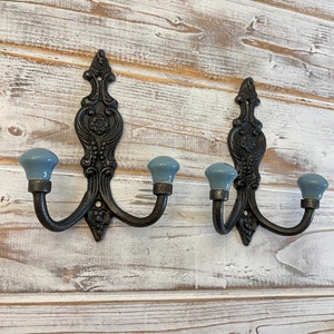 TWO Cast Iron French Style Double Ornate HOOKS Duck Egg Blue Ceramic Ball Tops Cloakroom Hook, Decorative Double Hook, hat & coat hook. image 5
