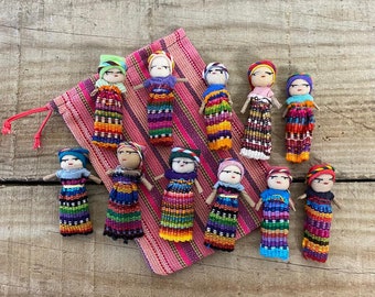 Set of 11 Guatemalan handmade Worry Doll with a colourful crafted storage bag | Anxiety Dolls | Worry Doll | Guatamalan Doll.