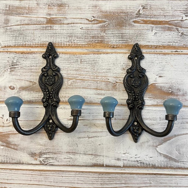 TWO Cast Iron French Style Double Ornate  HOOKS -Duck Egg Blue  Ceramic Ball Tops - Cloakroom Hook, Decorative Double Hook, hat & coat hook.