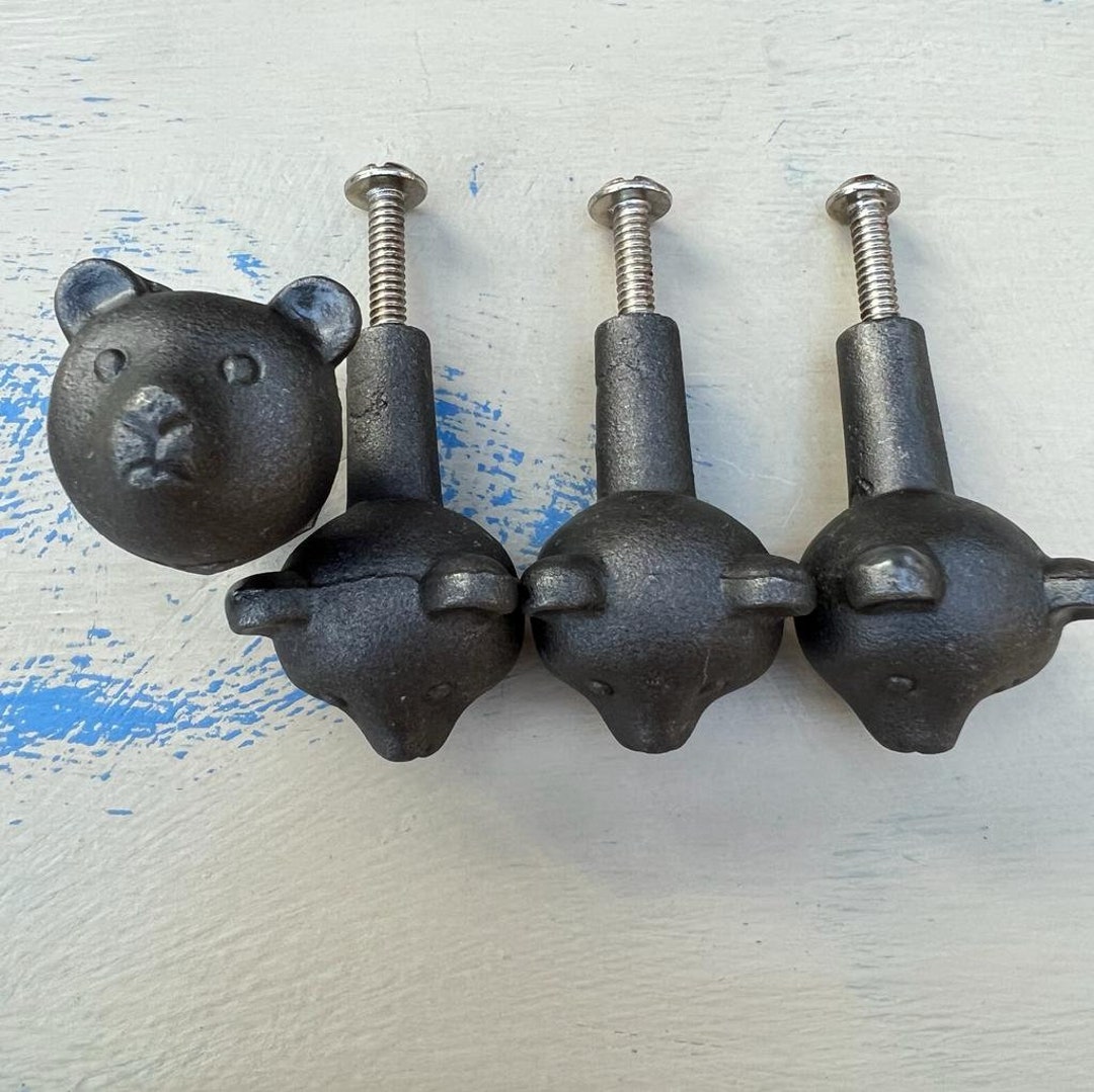 FOUR Cast Iron BEAR Drawer Knobs / Kitchen Cupboard Cast Iron Antique