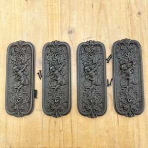 Set of Four Antique style Rustic Cast Iron Door Push Plates with Ornate Cherub Design - Vintage Finger Plate Decor