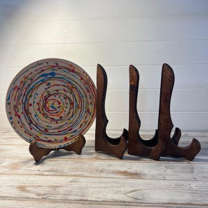 Conjunto de quatro suportes de pratos de madeira dobráveis de 25 cm e 9,5 polegadas - Bandeja, prato de foto, suporte de exposição, suporte de madeira, suporte para moldura de foto