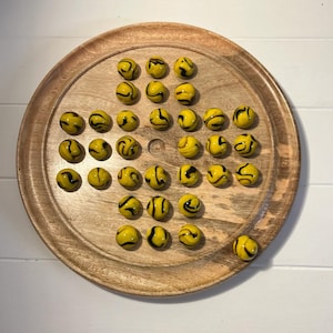 Wooden SOLITAIRE Board GAME with Bumblebee Glass Marbles | classic wooden solitaire| strategy board game | family board game | games for one