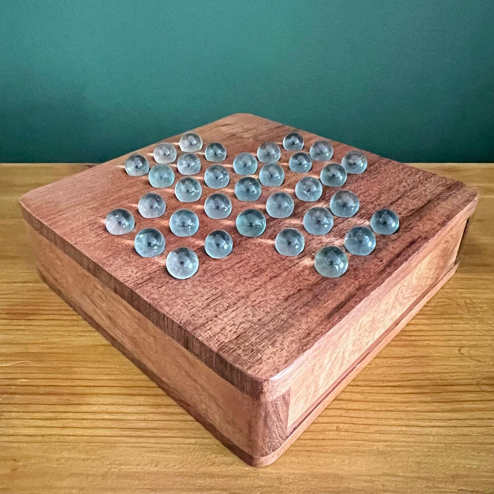 Wooden Solitaire Box With Marbles And Drawer U2013 Handcrafted Classic Puzzle Game With Storage, Premium Wooden Board For Adults & Kids, Or Home Decor(Natural Assorted Marbles
