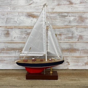 Illuminated wooden display model of a J Class style Yacht | LED lights along the mast and sails | length 25cm height 36cm