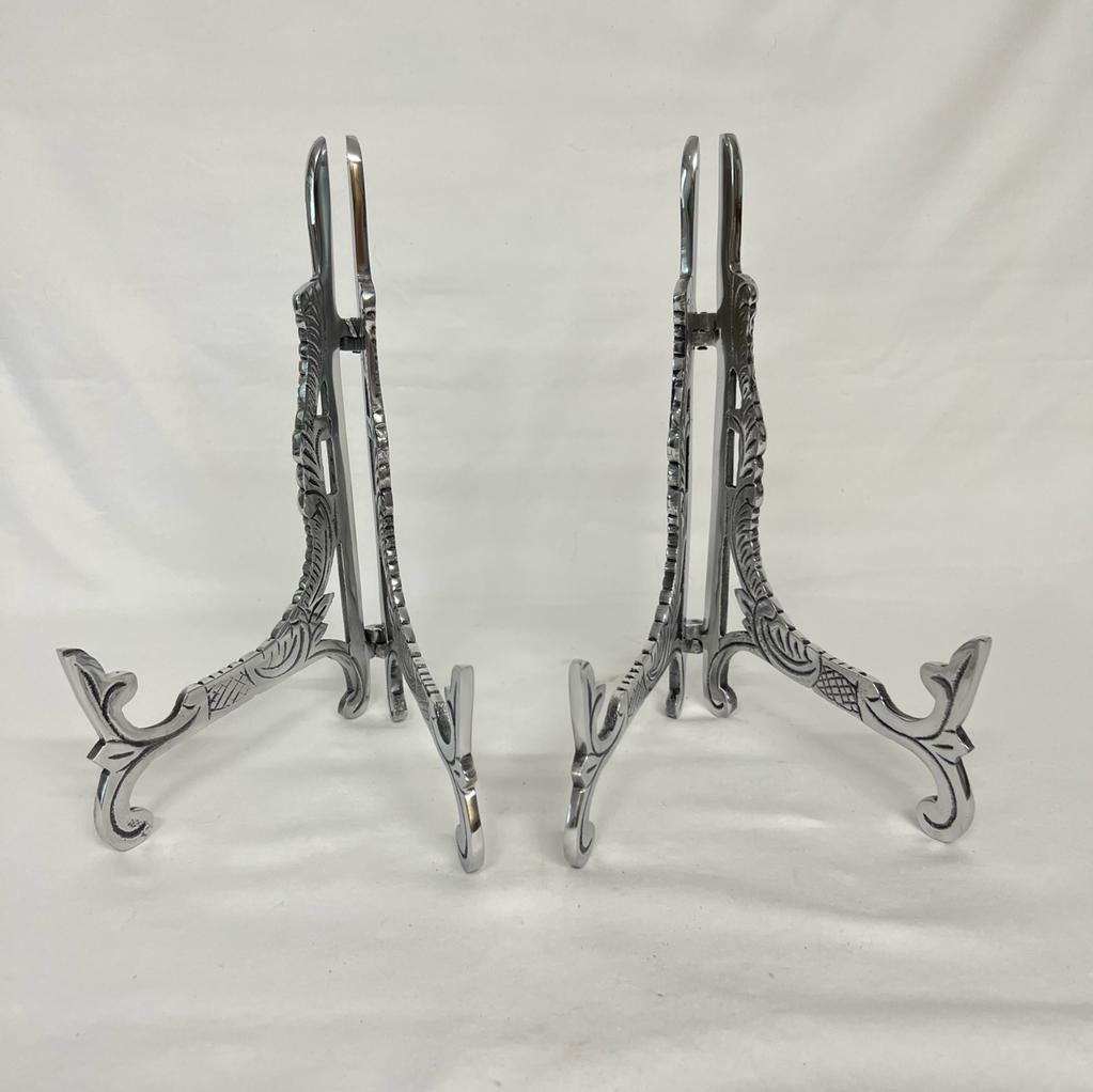 2 X Vintage Aluminium Large Silver Ornate Plate Stand Photo Display 10/25cm  H 