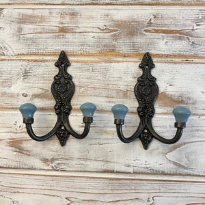 TWO Cast Iron French Style Double Ornate HOOKS Duck Egg Blue Ceramic Ball Tops Cloakroom Hook, Decorative Double Hook, hat & coat hook. image 2