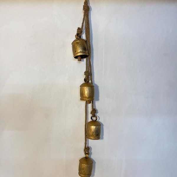 4 LARGE COW BELLS Distressed Gold  hanging on a Rustic Rope –|Cow Bells | Bells | Ornamental Bells | Decorative Bells | Rustic Bells