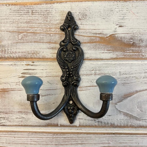 Cast Iron French Style Double Ornate HOOKS duck Egg Blue Ceramic Ball Tops Cloakroom Hook Decorative Double Hook Hat and Coat Hook. Etsy