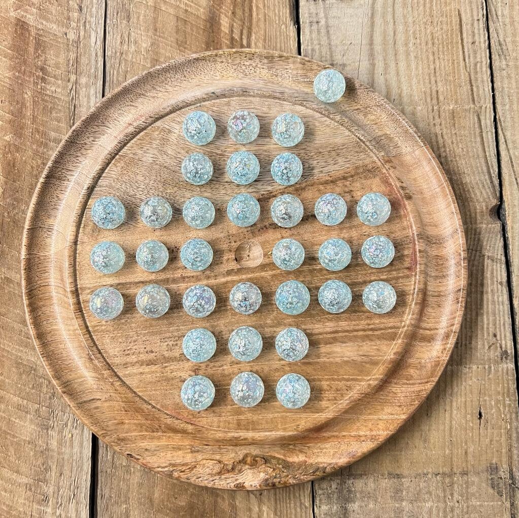 30cm Diameter Mango Wood SOLITAIRE BOARD GAME with Snowflake Glass Marbles |wooden solitaire game |strategy game |family game| Games for one
