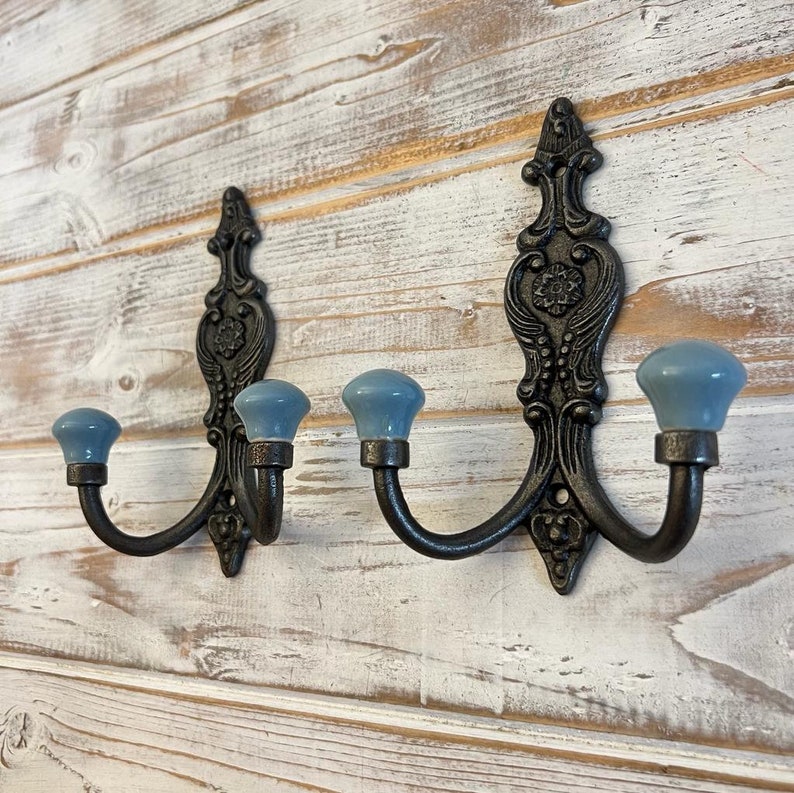 TWO Cast Iron French Style Double Ornate HOOKS Duck Egg Blue Ceramic Ball Tops Cloakroom Hook, Decorative Double Hook, hat & coat hook. image 4