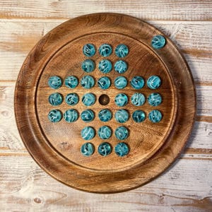 22cm Diameter wooden SOLITAIRE BOARD GAME with Brilliant Blue Oxygen Glass Marbles  | classic wooden solitaire game | strategy board game |