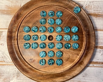 22cm Diameter wooden SOLITAIRE BOARD GAME with Brilliant Blue Oxygen Glass Marbles  | classic wooden solitaire game | strategy board game |
