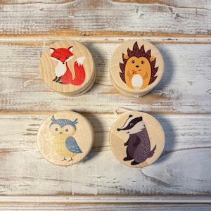 Set of Four Wooden Wildlife Yo Yos: Hedgehog, Owl, Fox, and Badger Designs- Party Favours - Traditional Toys - Wooden Toys