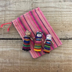 Set of 3 Guatemalan handmade Worry Dolls with a colourful crafted storage bag