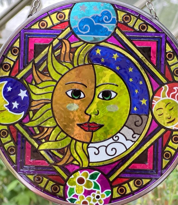 Vintage Sun Moon ステンドグラス 月と太陽 アンティーク ガラス Vintage Sun Moon ステンドグラス 月と太陽 アンティーク ガラス