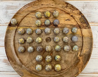 Mango Wood SOLITAIRE BOARD GAME with Spinosaurus Speckled Golden Glass  Marbles | wooden solitaire game games for one | board games