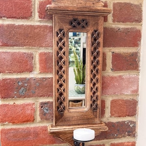Wooden wall mirror with candle sconce | Wall mounted candle holder | Candle sconce decoration | Gothic kitchen living decoration