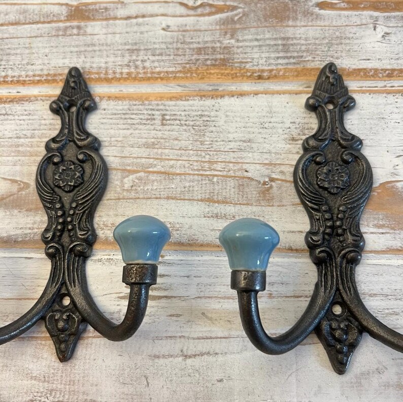 TWO Cast Iron French Style Double Ornate HOOKS Duck Egg Blue Ceramic Ball Tops Cloakroom Hook, Decorative Double Hook, hat & coat hook. image 6