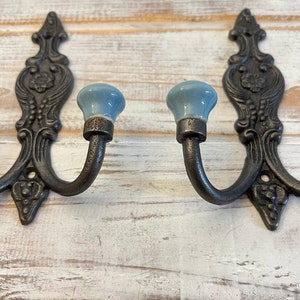 TWO Cast Iron French Style Double Ornate HOOKS Duck Egg Blue Ceramic Ball Tops Cloakroom Hook, Decorative Double Hook, hat & coat hook. image 8
