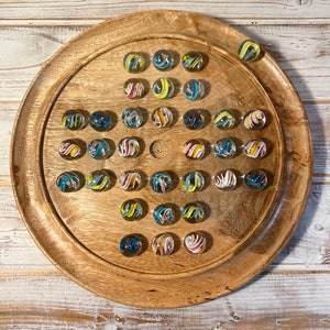 30cm Diameter Mango Wood SOLITAIRE BOARD GAME with Helter Skelter Glass Marbles | |classic wooden solitaire game | strategy board game