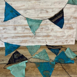 Recycled Sari Fabric Bunting- 5m Long-  Festival Flags- Garland - Party Decoration - Weddings. Each 5m length is UNIQUE- Aqua colourway