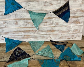 Recycled Sari Fabric Bunting- 5m Long-  Festival Flags- Garland - Party Decoration - Weddings. Each 5m length is UNIQUE- Aqua colourway