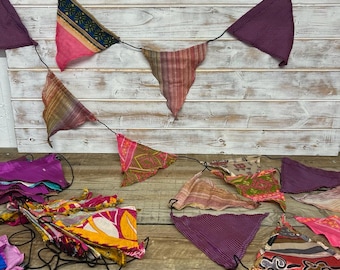 Pink Colourway Recycled Sari Fabric Bunting - Festival Flags- Garland - Party Decoration - Wedding/ Birthday. EACH 5M LENGTH is UNIQUE.
