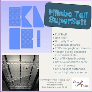 SuperSet for Milsbo Tall! Complete set up for IKEA greenhouse cabinet; Acrylic shelves, pegboard, light buttons, cord notches & hardware ++