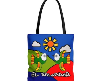 May include: A blue tote bag with a colorful design featuring two stylized fish, a sun, and clouds. The text "EL SALVADOR" is printed on the bag.