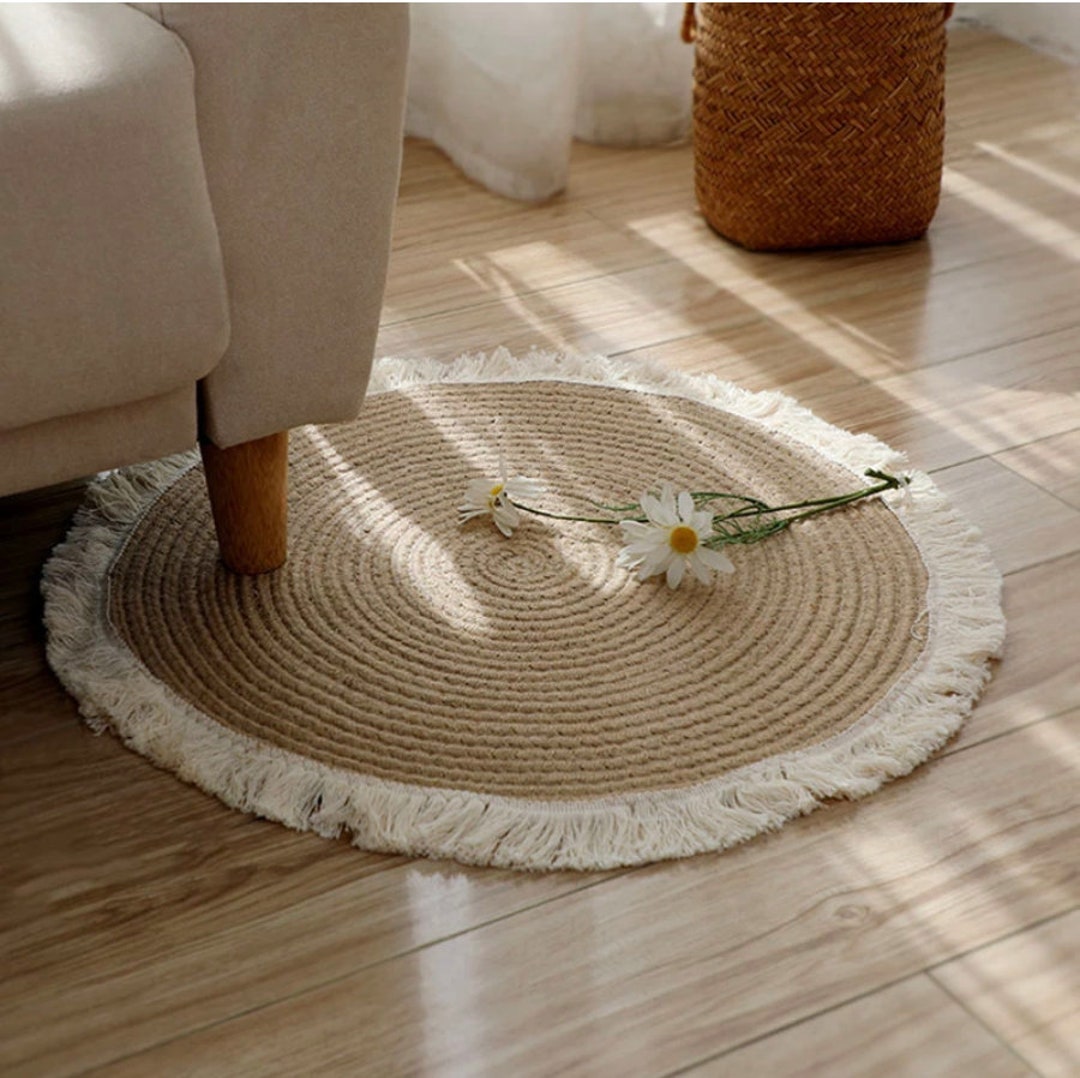 Round Woven Rugs Handmade Rattan Carpet With Tassel for Etsy