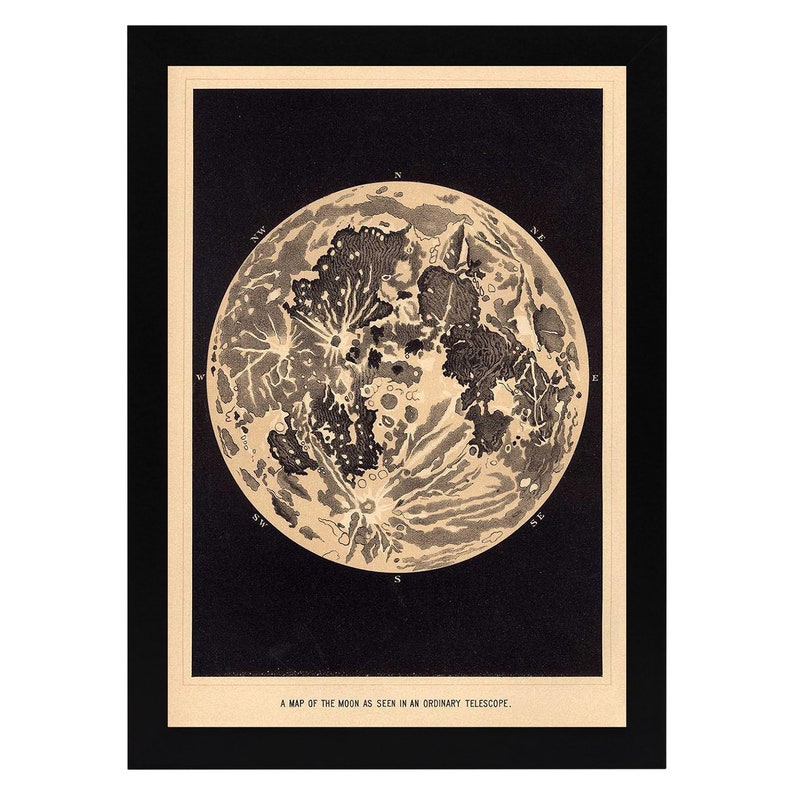 Moon print - Lunar from Telescope Illustration Vintage Framed A3