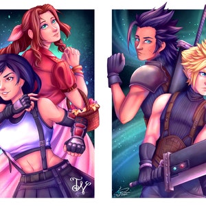May include: Two-panel artwork featuring characters from Final Fantasy VII. The left panel shows two women, one with black hair and the other with red hair. The right panel depicts two men, one with spiky blonde hair and the other with dark hair, holding a large sword.