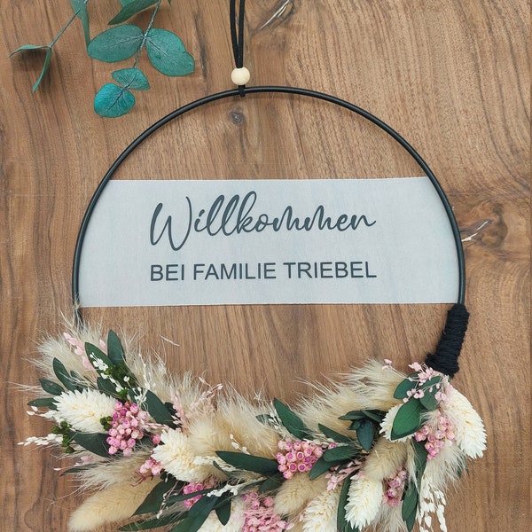 Flower Hoop, Loop, Türkranz mit Trockenblumen, personalisiert, Floral Hortensie, Hoop, Geschenk