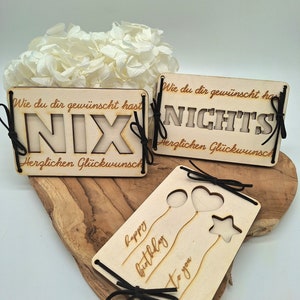Geldgeschenk | Geschenkkarte | zum verschenken mit verschiedenen Sprüchen/Motiven | Nix  Nichts Geschenk | Holz
