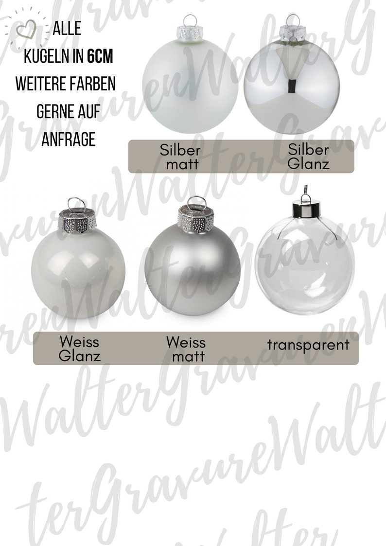 May include: Christmas ornaments in various finishes, including silver matte, silver gloss, white gloss, white matte, and transparent. Each ornament is 6cm in diameter. Additional colors are available upon request.