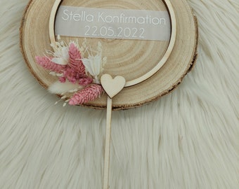 Cake topper, cake plug baptism, communion, confirmation, personalized, dried flowers