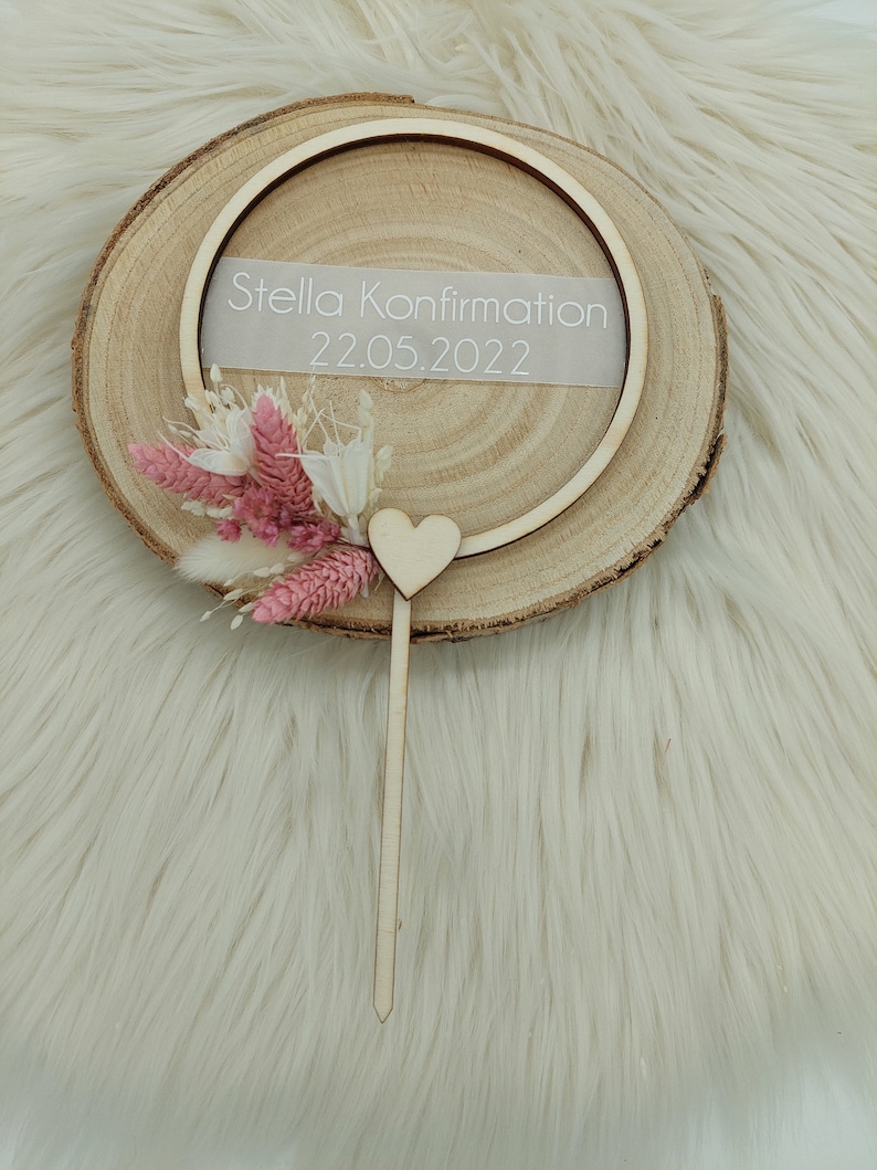 Cake Topper, Kuchenstecker Taufe, Kommunion, Konfirmation, personalisiert, Trockenblumen Bild 1