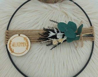 Flower Hoop, Loop, Türkranz mit Trockenblumen, Floral, Holzschild